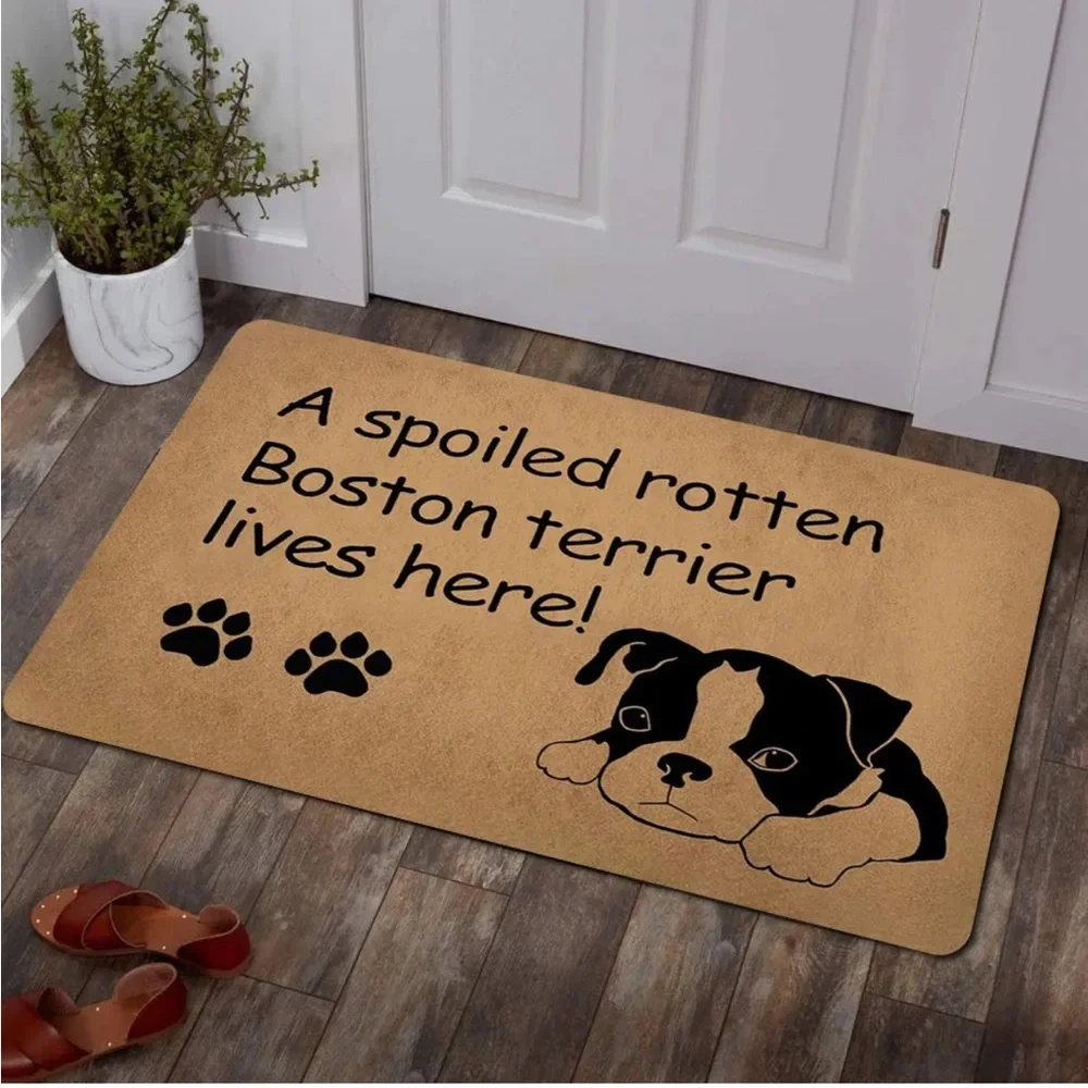 Tan Dog Mat with Boston Terrier Design